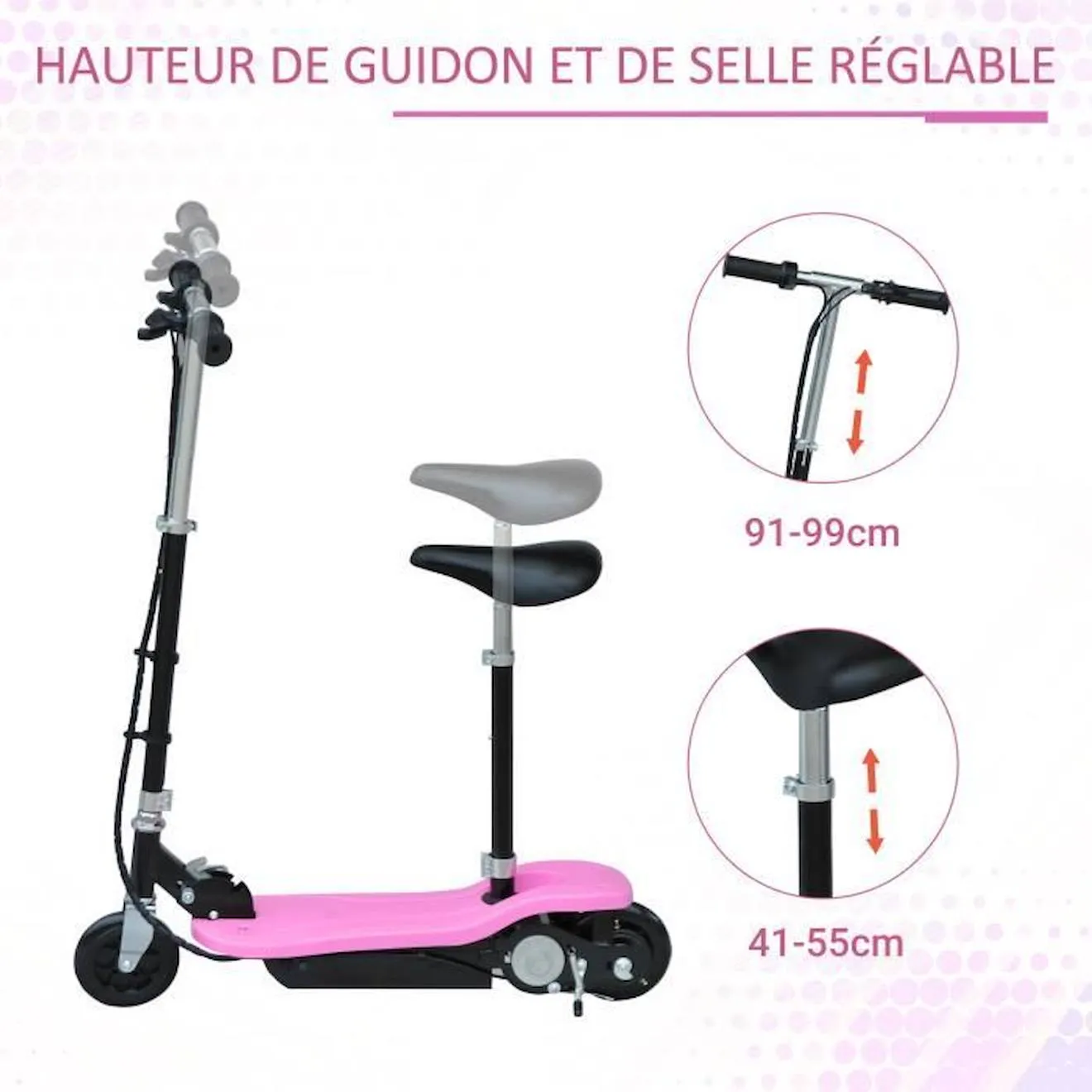 Trottinette électrique 120 W pliable pour enfants à partir de 7 ans hauteur de guidon et selle réglable 10 Km/h max. rose noir r