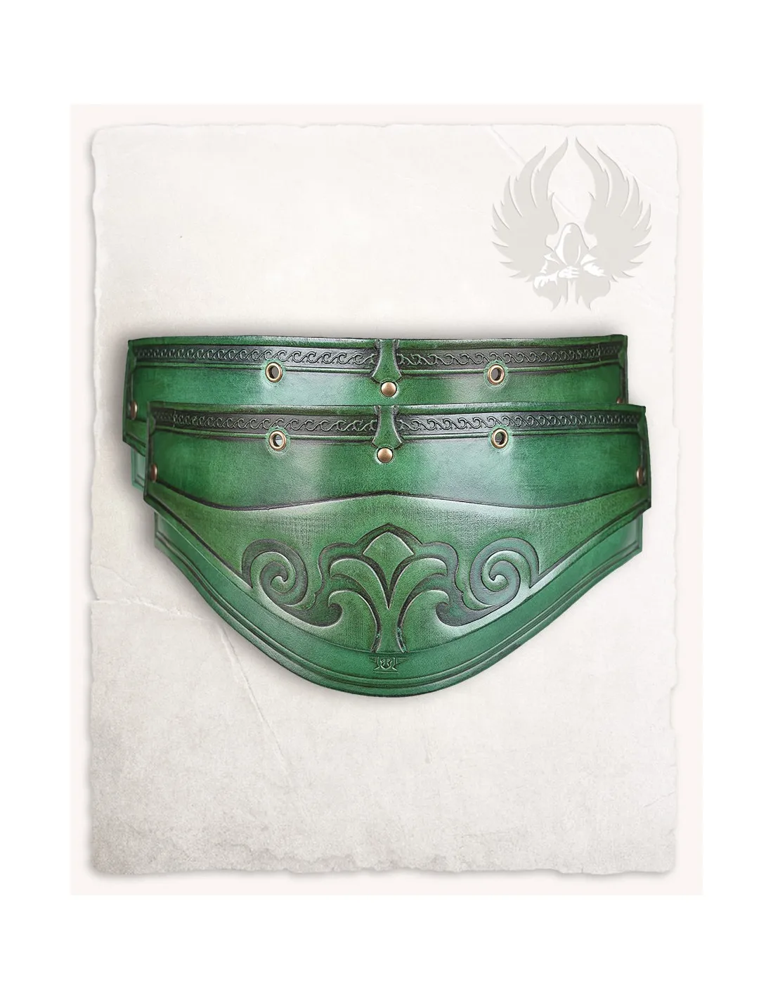 Épaulettes médiévales modèle Artemis, cuir vert (2ème édition) ⚔️ Boutique Épées